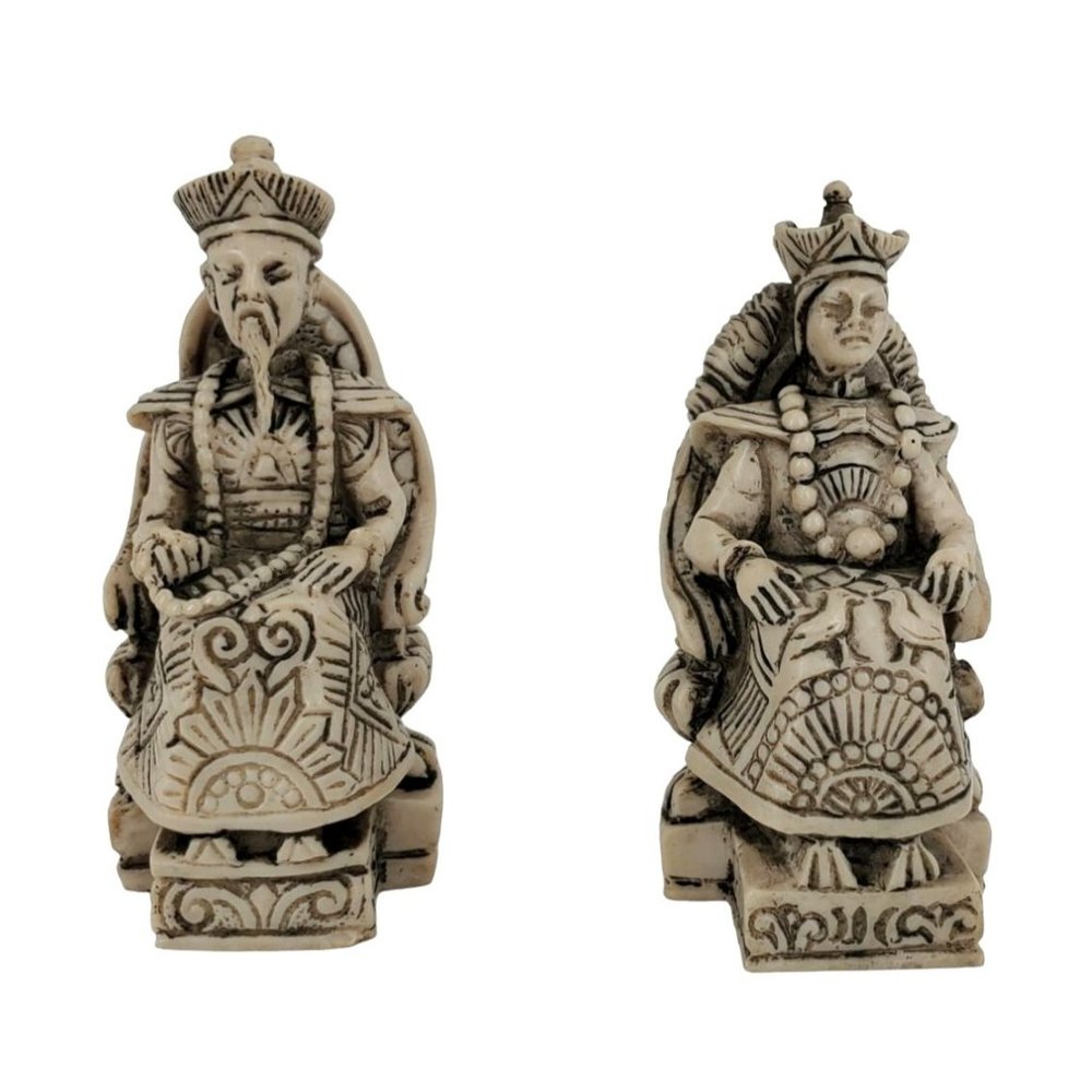 Chinese Emperor & Empress Resin Seated Figurines Detailed White Black Accents Vi